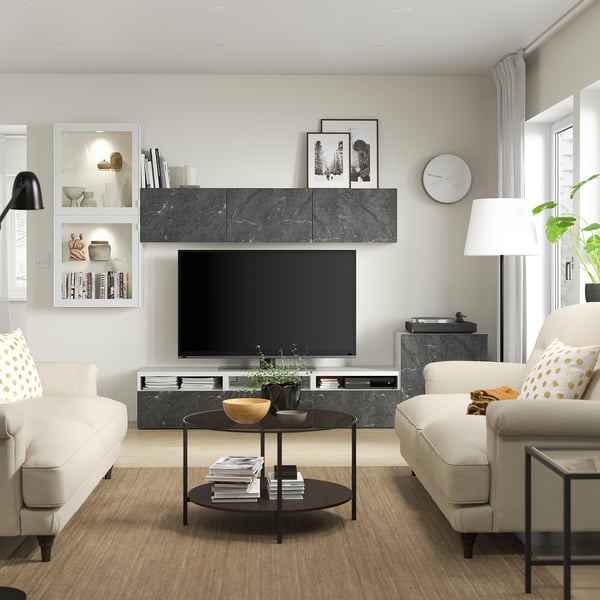 BESTÅ - TV storage combination/glass doors, white Glassvik/Bergsviken black, 300x42x211 cm