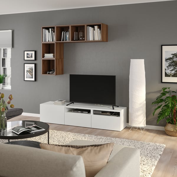 BESTÅ / EKET cabinet combination for TV, white/walnut effect, 180x42x170 cm