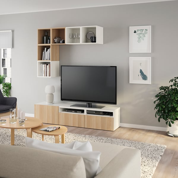 BESTÅ / EKET cabinet combination for TV, white/white stained oak effect, 180x42x170 cm