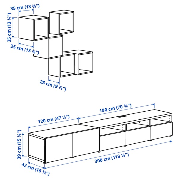 BESTÅ / EKET cabinet combination for TV, white/white stained oak effect, 300x42x210 cm