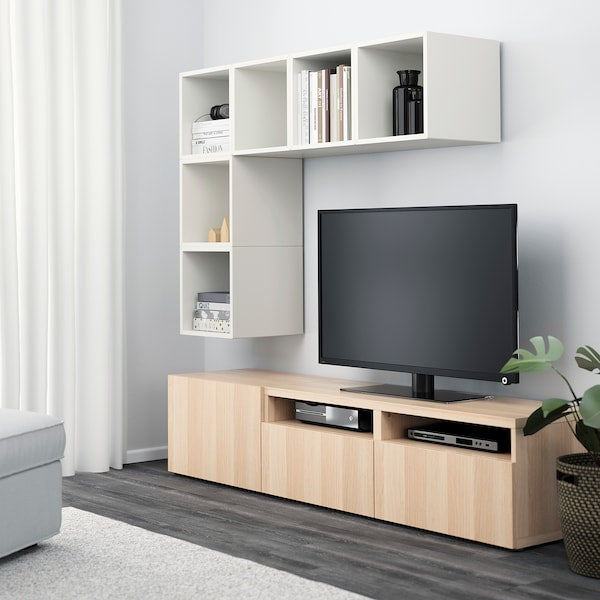 BESTÅ / EKET - Cabinet combination for TV, white stained oak effect/white, 180x42x170 cm