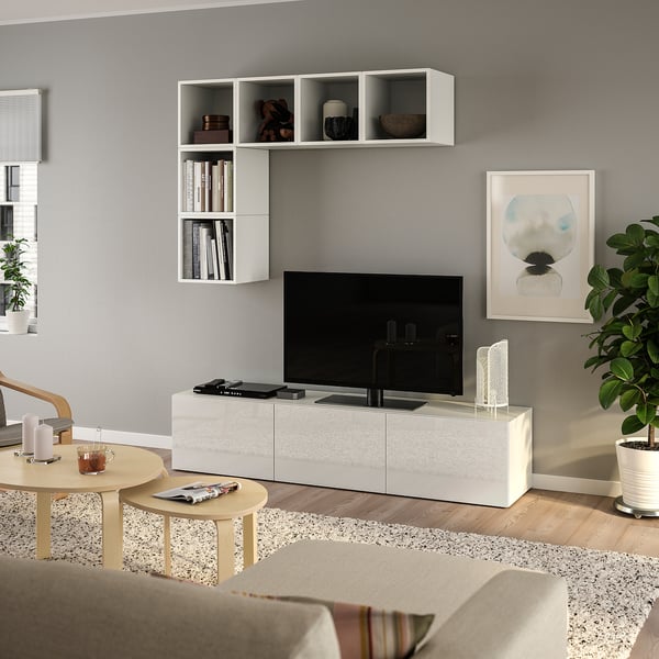 BESTÅ / EKET - TV storage combination, white/Selsviken high-gloss/white, 180x42x185 cm