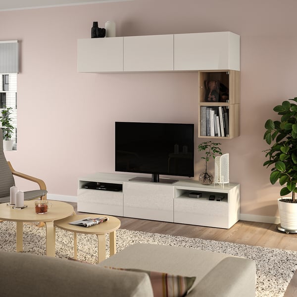 BESTÅ / EKET - BESTÅ / EKET TV bench, white/Selsviken high-gloss/white, 180x42x166 cm
