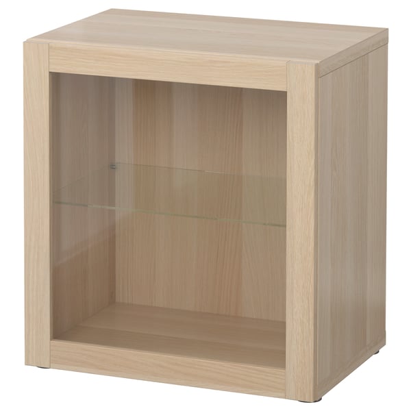 BESTÅ shelf unit with glass door, white stained oak effect/Sindvik white stained oak eff clear glass, 60x42x64 cm