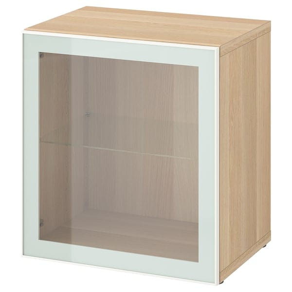 Ikea BESTÅ - Shelf unit with glass door, white stained oak effect Glassvik/white/light green clear glass, 60x42x64 cm
