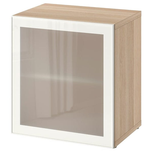 Ikea BESTÅ - Cabinet with glass door, white stained oak effect/Glassvik glass white/glass effect,60x42x64 cm