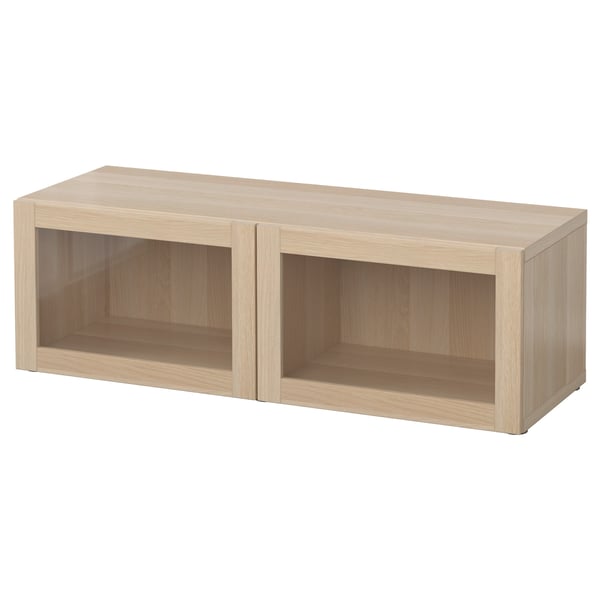 BESTÅ shelf unit with glass doors, white stained oak effect/Sindvik white stained oak eff clear glass, 120x42x38 cm