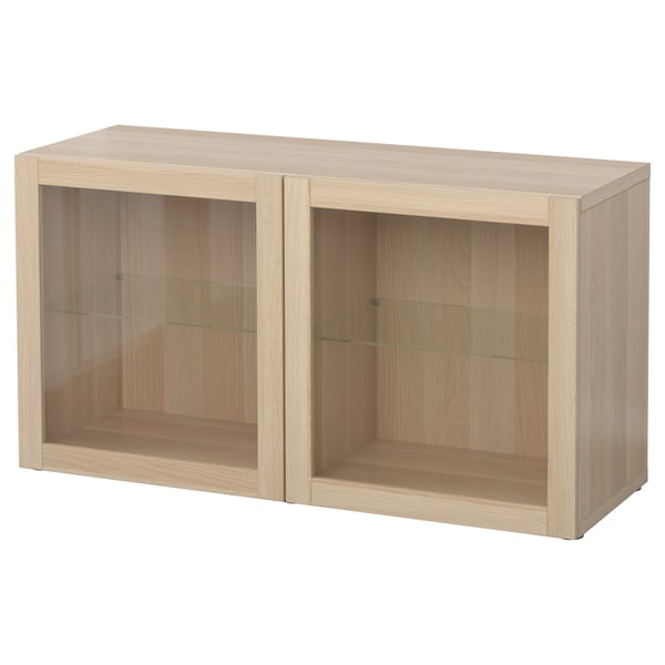 BESTÅ - BESTÅ Shelf unit with glass doors, white stained oak effect/Sindvik white stained oak eff clear glass, 120x40x64 cm