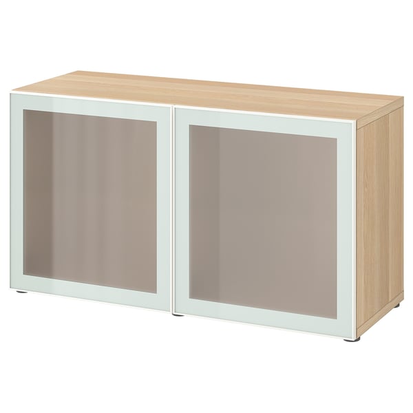 BESTÅ - BESTÅ Shelf unit with glass doors, white stained oak effect Glassvik/white/light green frosted glass, 120x42x64 cm