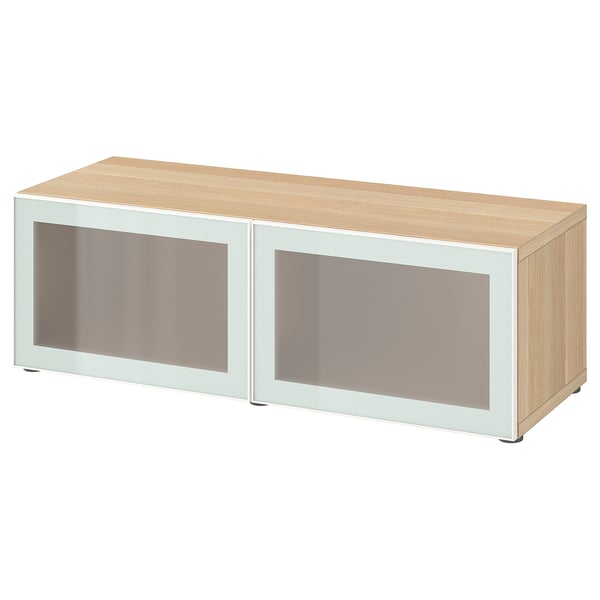 BESTÅ - BESTÅ Shelf unit with glass doors, white stained oak effect Glassvik/white/light green frosted glass, 120x42x38 cm