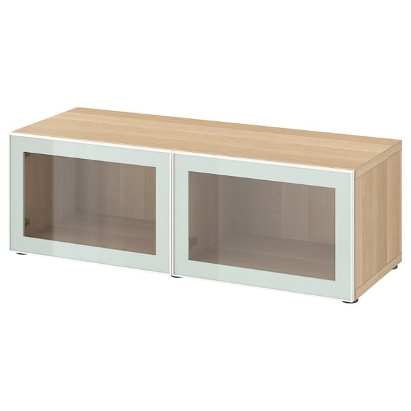 BESTÅ - Shelf unit with glass doors, white stained oak effect Glassvik/white/light green clear glass, 120x42x38 cm