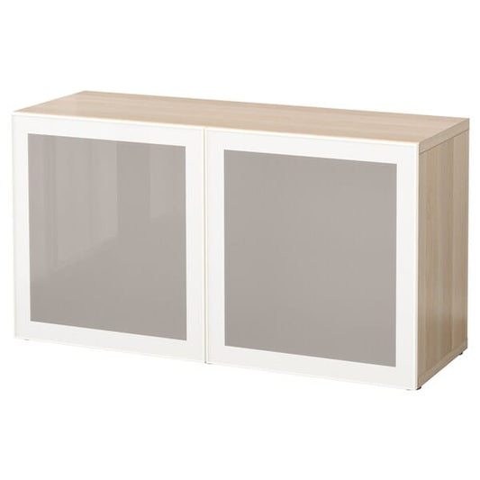 Ikea BESTÅ - Cabinet with glass doors, white stained oak effect/Glassvik glass white/glassvik effect,120x42x64 cm