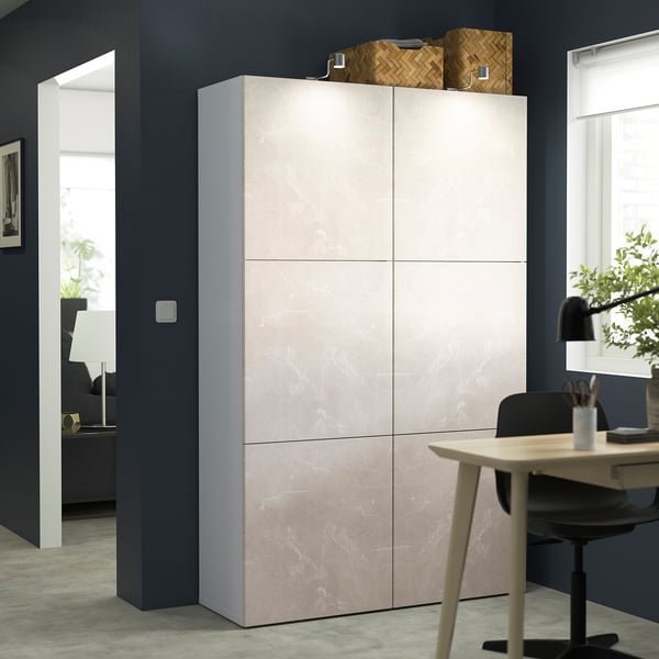 BESTÅ storage combination with doors, white Bergsviken/beige marble effect, 120x42x193 cm