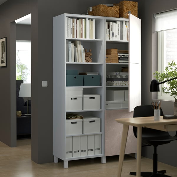 BESTÅ storage combination with doors, white Bergsviken/beige marble effect, 120x42x202 cm