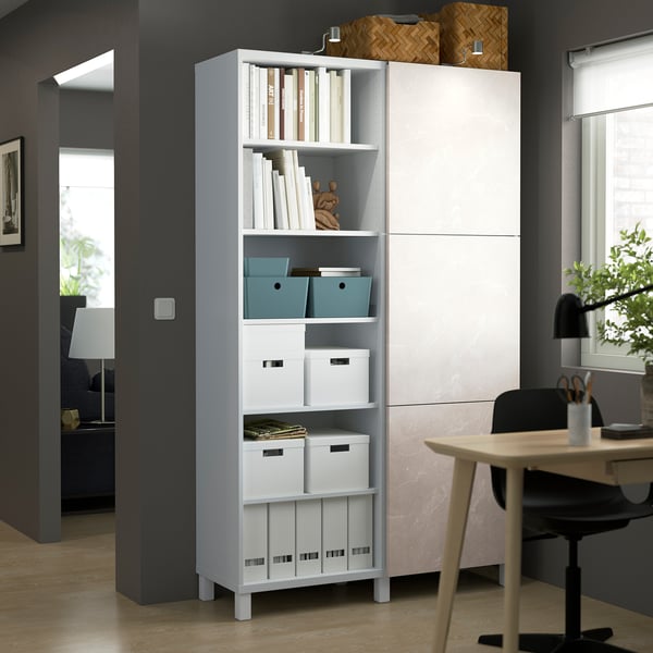 BESTÅ storage combination with doors, white Bergsviken/beige marble effect, 120x42x202 cm