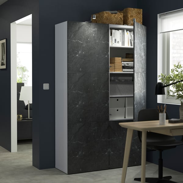 BESTÅ storage combination with doors, white Bergsviken/black marble effect, 120x42x193 cm