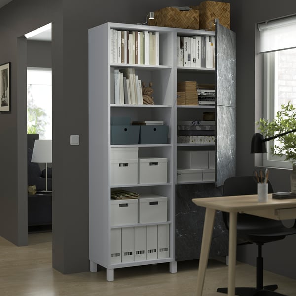 BESTÅ - Storage combination with doors, white Bergsviken/black marble effect, 120x42x202 cm
