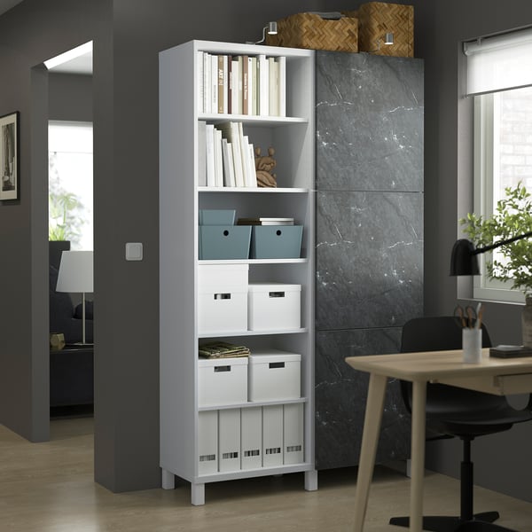 BESTÅ - Storage combination with doors, white Bergsviken/black marble effect, 120x42x202 cm