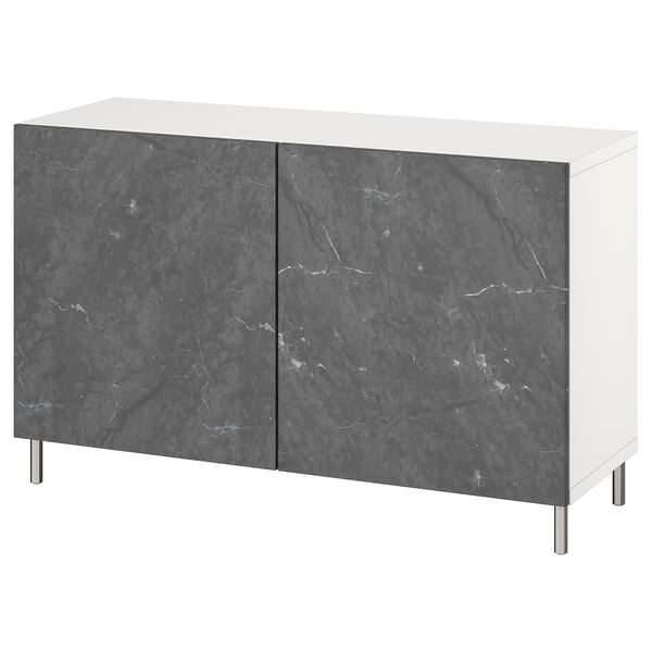 BESTÅ - Storage combination with doors, white Bergsviken/Ösarp/black marble effect, 120x42x74 cm