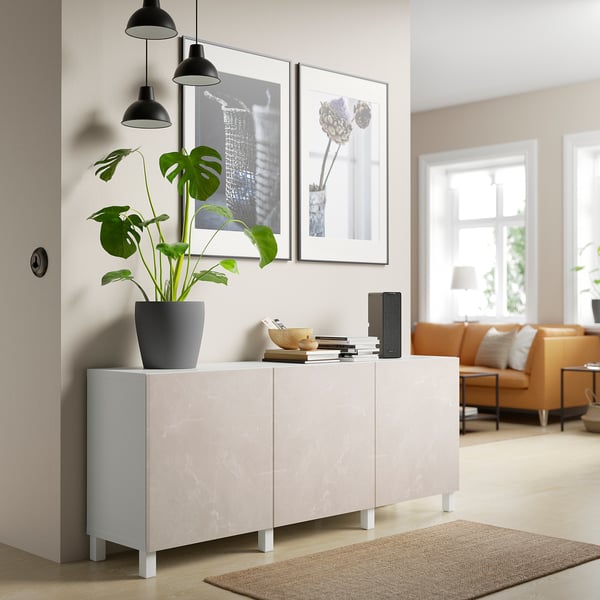 BESTÅ - Cabinet with doors, white Bergsviken/Stubbarp/beige marble effect, , 180x42x74 cm