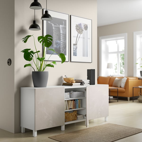 BESTÅ - Cabinet with doors, white Bergsviken/Stubbarp/beige marble effect, , 180x42x74 cm