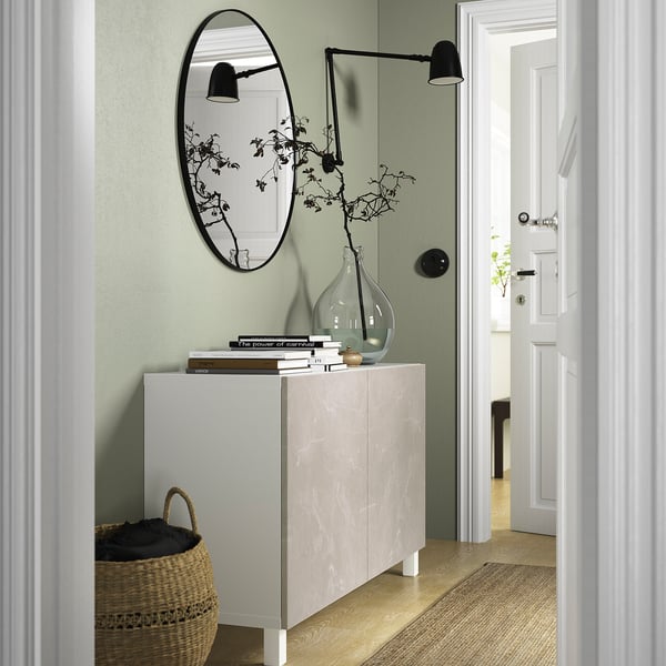 BESTÅ storage combination with doors, white Bergsviken/Stubbarp/beige marble effect, 120x42x74 cm