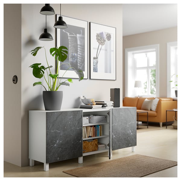 BESTÅ - Storage combination with doors, white Bergsviken/Stubbarp/black marble effect, 180x42x74 cm