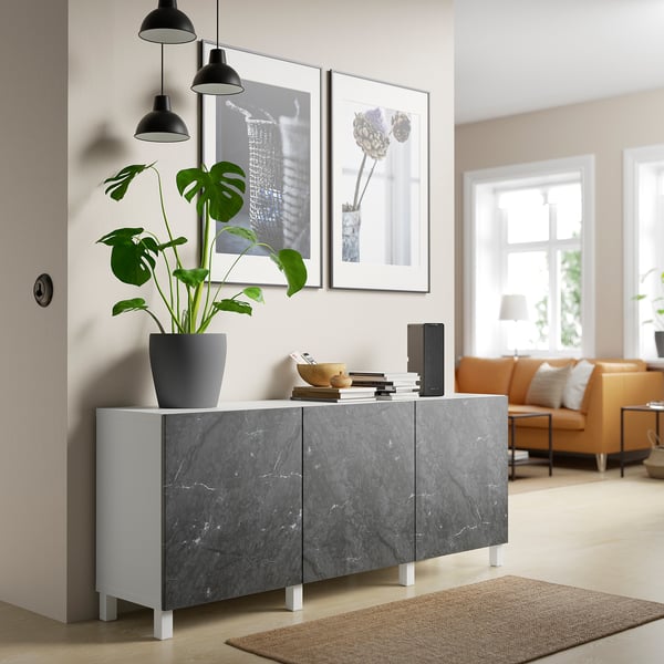 BESTÅ - Storage combination with doors, white Bergsviken/Stubbarp/black marble effect, 180x42x74 cm