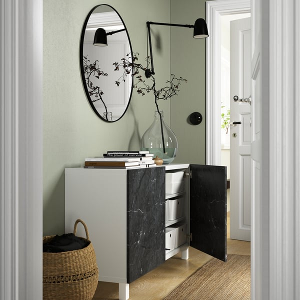 BESTÅ - Storage combination with doors, white Bergsviken/Stubbarp/black marble effect, 120x42x74 cm