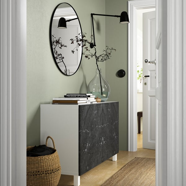 BESTÅ - Storage combination with doors, white Bergsviken/Stubbarp/black marble effect, 120x42x74 cm