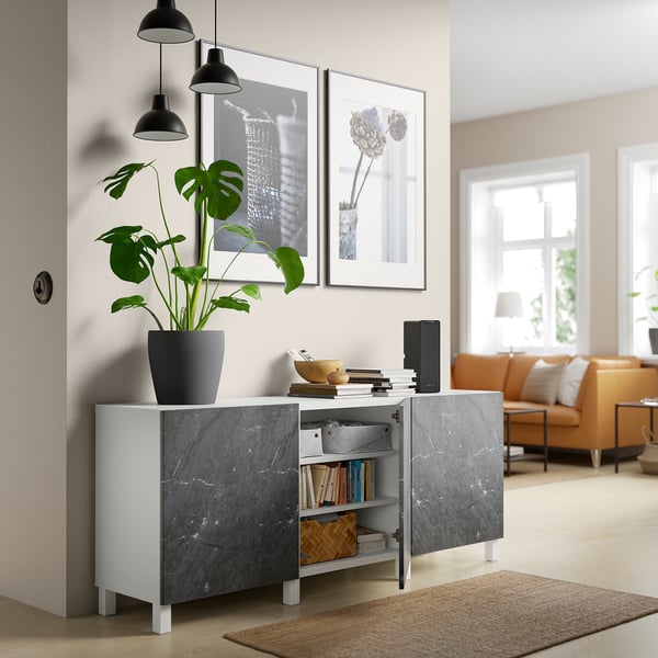 BESTÅ - Storage combination with doors, white Bergsviken/Stubbarp/black marble effect, 180x42x74 cm