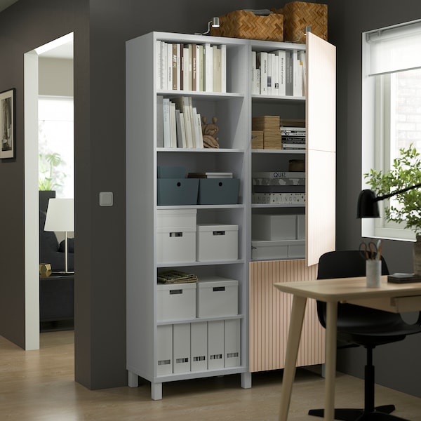 BESTÅ - Storage combination with doors, white/Björköviken birch veneer, 120x42x202 cm