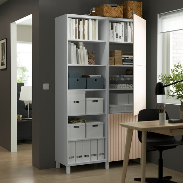 BESTÅ - BESTÅ Storage combination with doors, white/Björköviken birch veneer, 120x42x202 cm