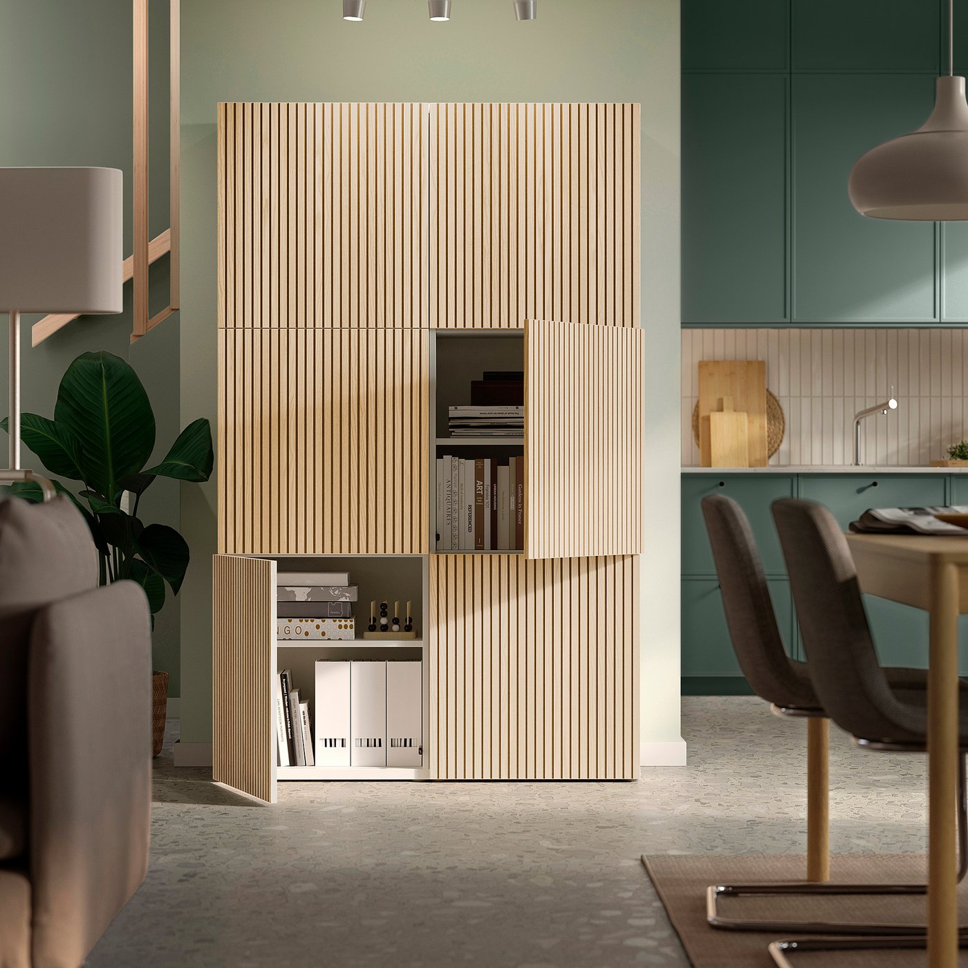 BESTÅ storage combination with doors, white/Björköviken ash veneer, 120x42x193 cm