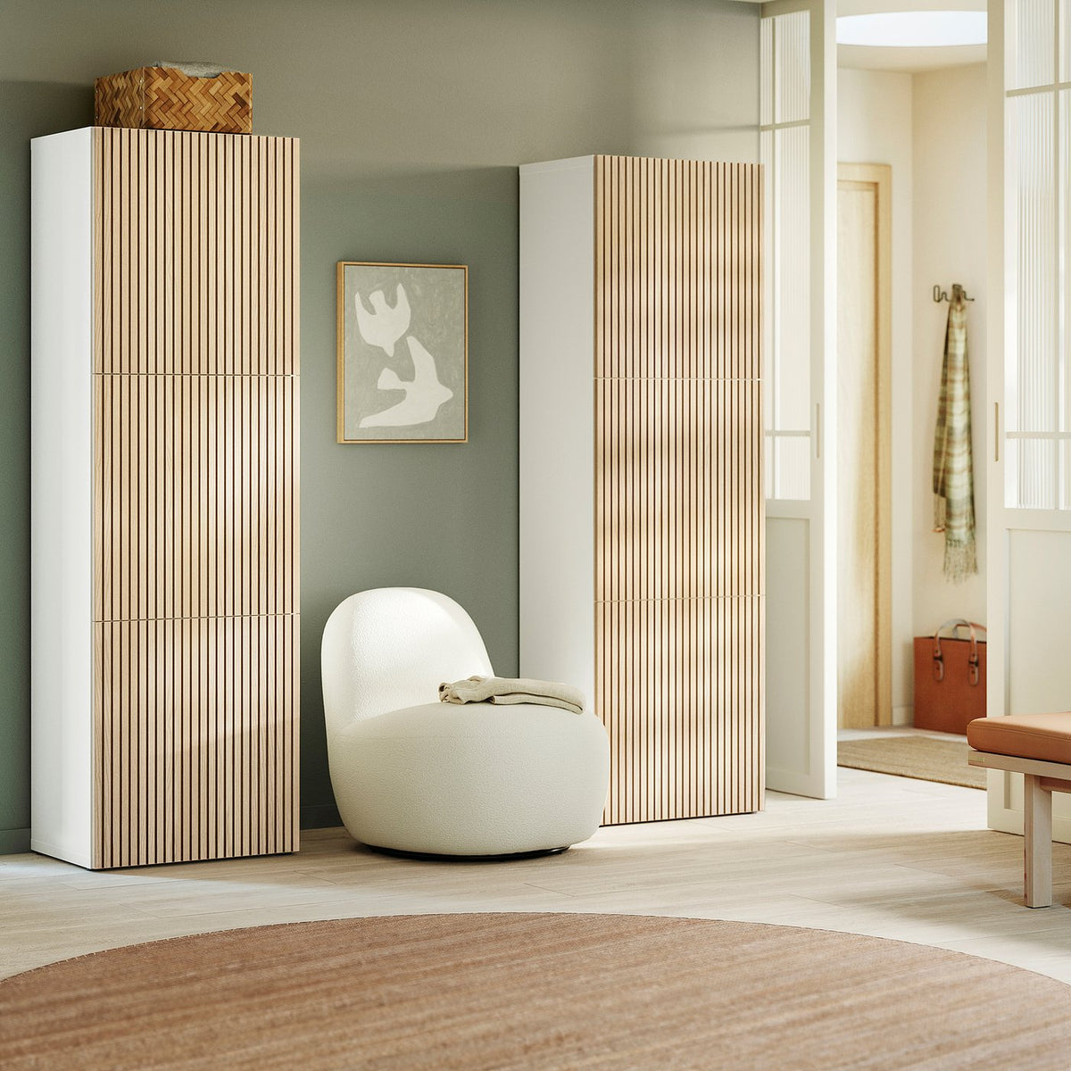 BESTÅ storage combination with doors, white/Björköviken ash veneer, 120x42x193 cm