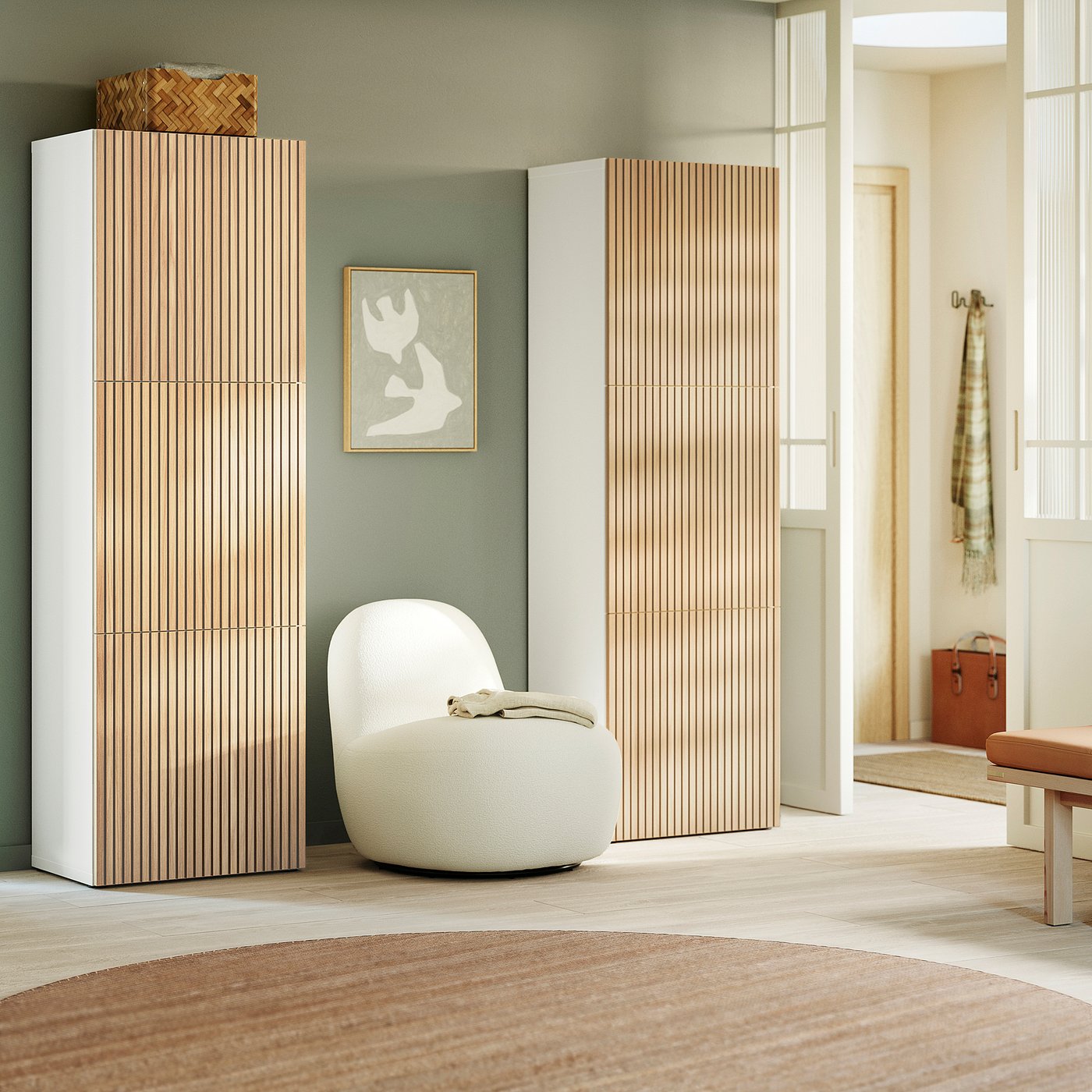 BESTÅ storage combination with doors, white/Björköviken oak veneer, 120x42x193 cm