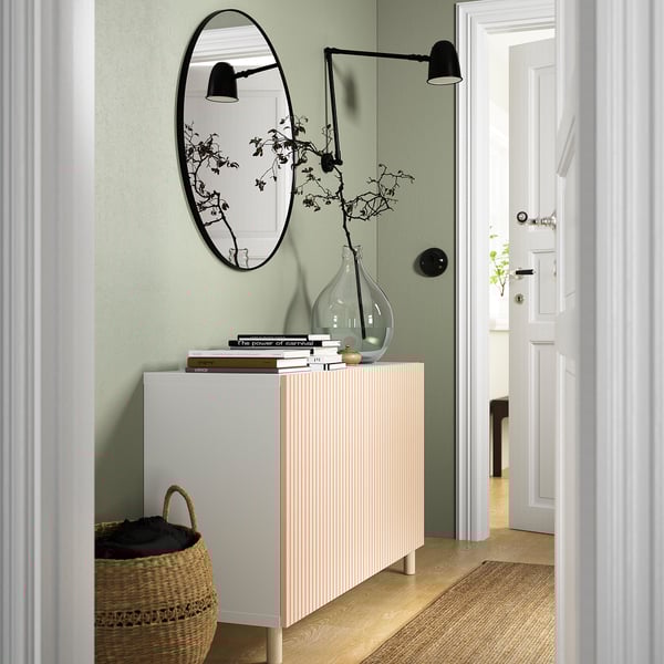 BESTÅ - BESTÅ Storage combination with doors, white/Björköviken/Mejarp birch veneer, 120x42x74 cm