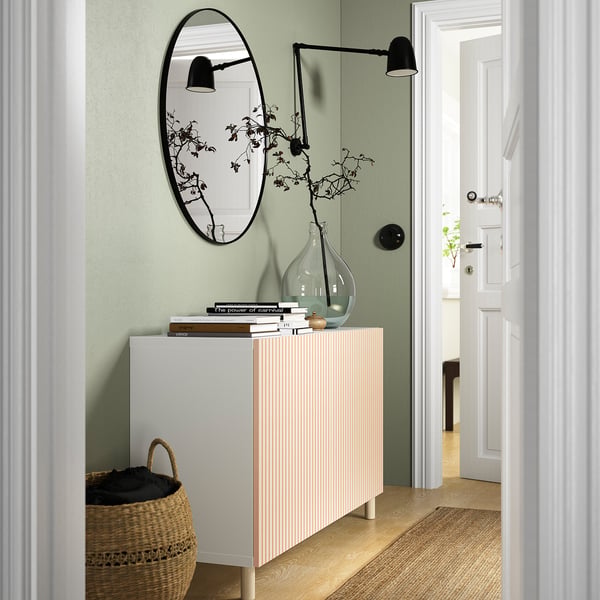 BESTÅ storage combination with doors, white/Björköviken/Mejarp birch veneer, 120x42x74 cm