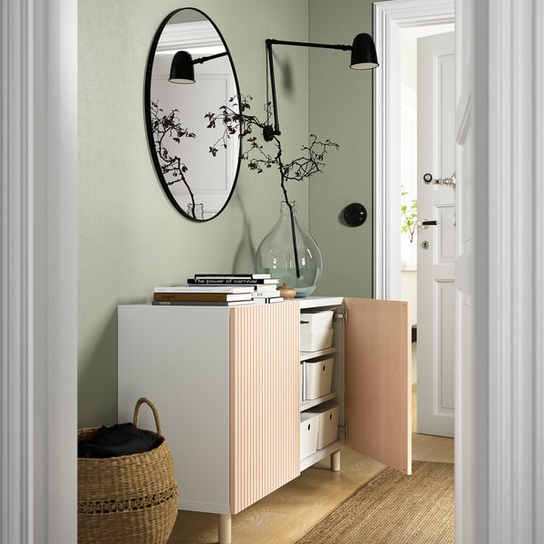 BESTÅ - BESTÅ Storage combination with doors, white/Björköviken/Mejarp birch veneer, 120x42x74 cm