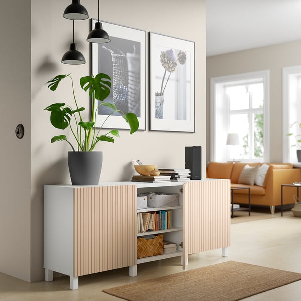 BESTÅ - BESTÅ Storage combination with doors, white/Björköviken/Stubbarp birch veneer, 180x42x74 cm
