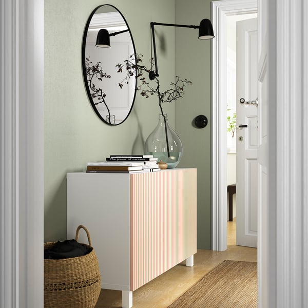 BESTÅ storage combination with doors, white/Björköviken/Stubbarp birch veneer, 120x42x74 cm