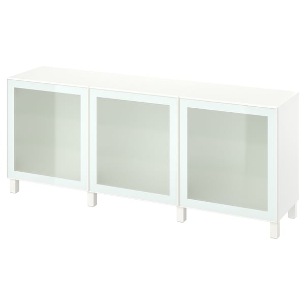 BESTÅ storage combination with doors, white Glassvik/Stubbarp/white/light green frosted glass, 180x42x74 cm