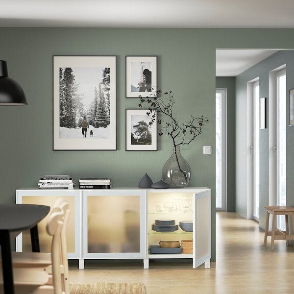 Ikea BESTÅ - Storage combination with doors, white Glassvik/Stubbarp/white/light green frosted glass, 180x42x74 cm