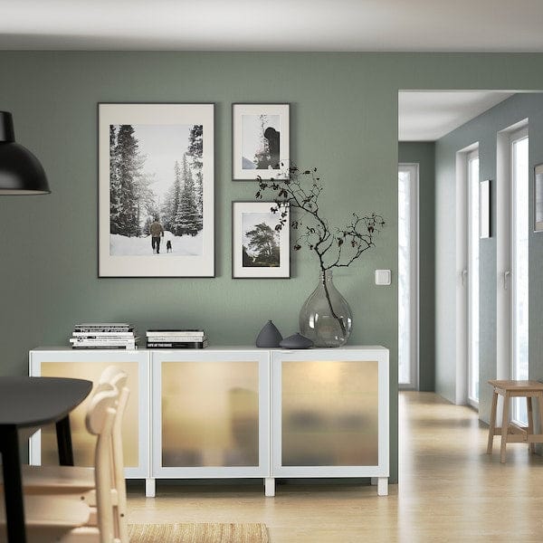 Ikea BESTÅ - Storage combination with doors, white Glassvik/Stubbarp/white/light green frosted glass, 180x42x74 cm