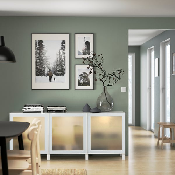 BESTÅ storage combination with doors, white Glassvik/Stubbarp/white/light green frosted glass, 180x42x74 cm