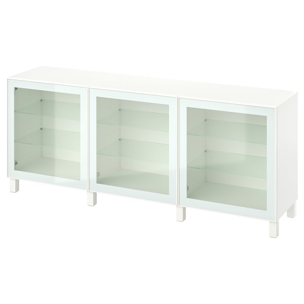 BESTÅ - BESTÅ Storage combination with doors, white Glassvik/Stubbarp/white/light green clear glass, 180x42x74 cm