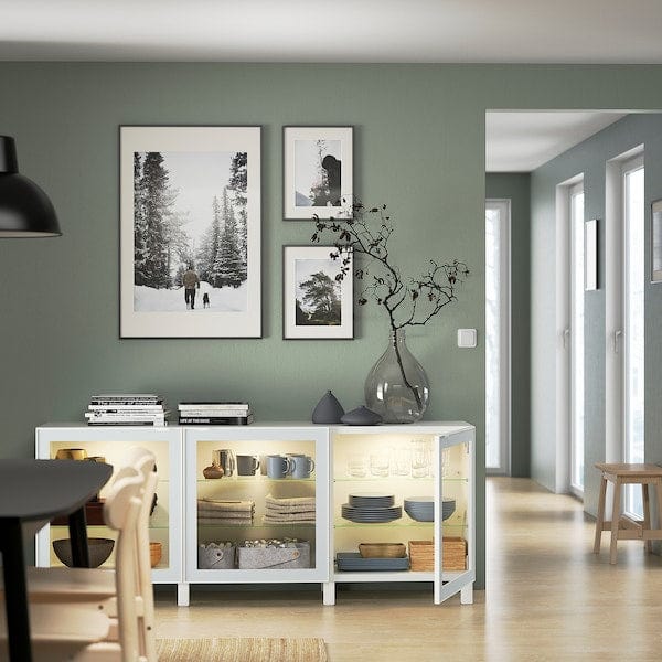 Ikea BESTÅ - Storage combination with doors, white Glassvik/Stubbarp/white/light green clear glass, 180x42x74 cm