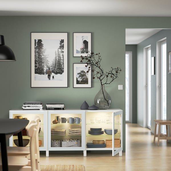 BESTÅ storage combination with doors, white Glassvik/Stubbarp/white/light green clear glass, 180x42x74 cm