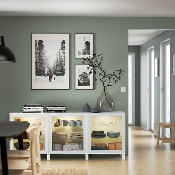 BESTÅ - BESTÅ Storage combination with doors, white Glassvik/Stubbarp/white/light green clear glass, 180x42x74 cm