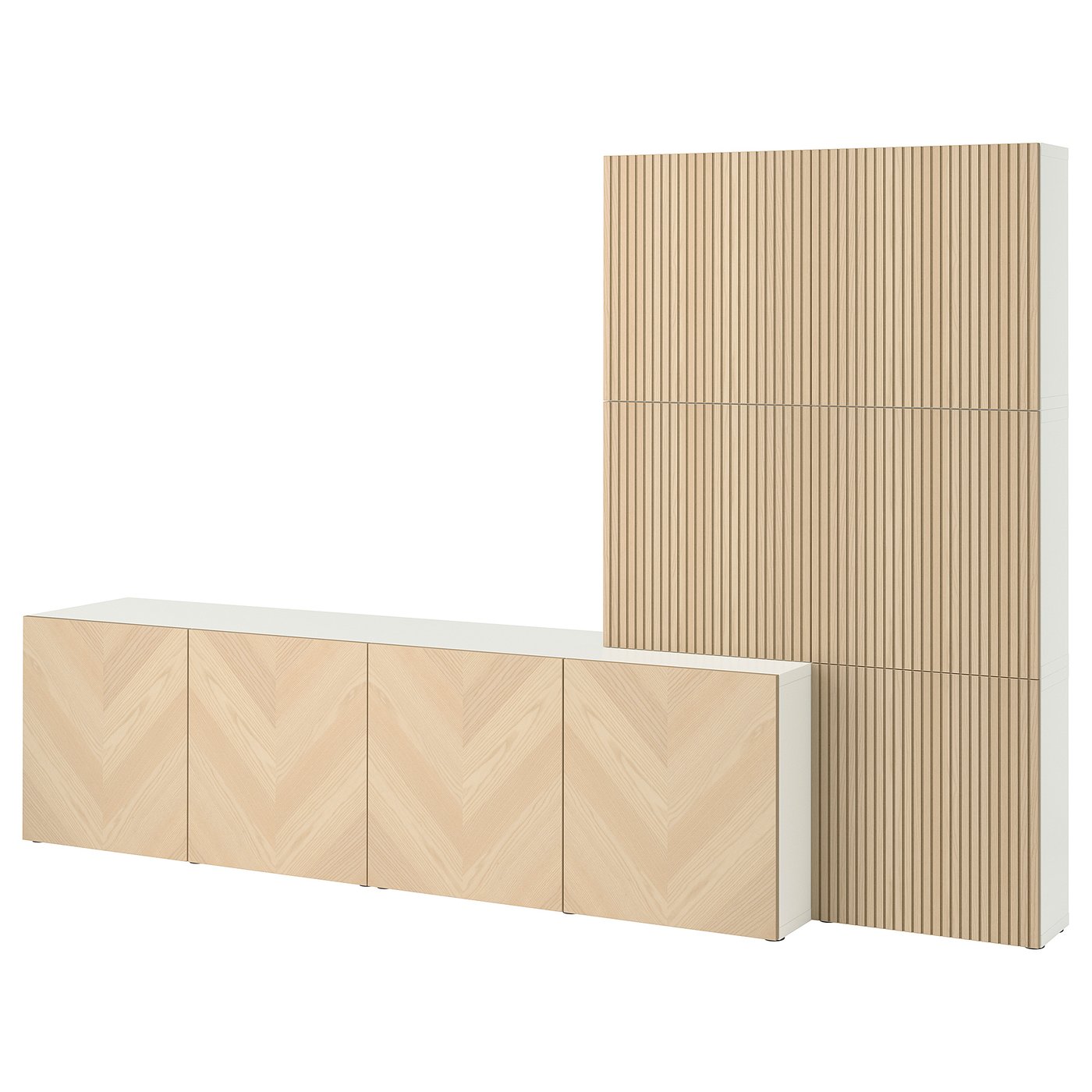 BESTÅ storage combination with doors, white Hedeviken/Björköviken ash veneer, 300x42x193 cm
